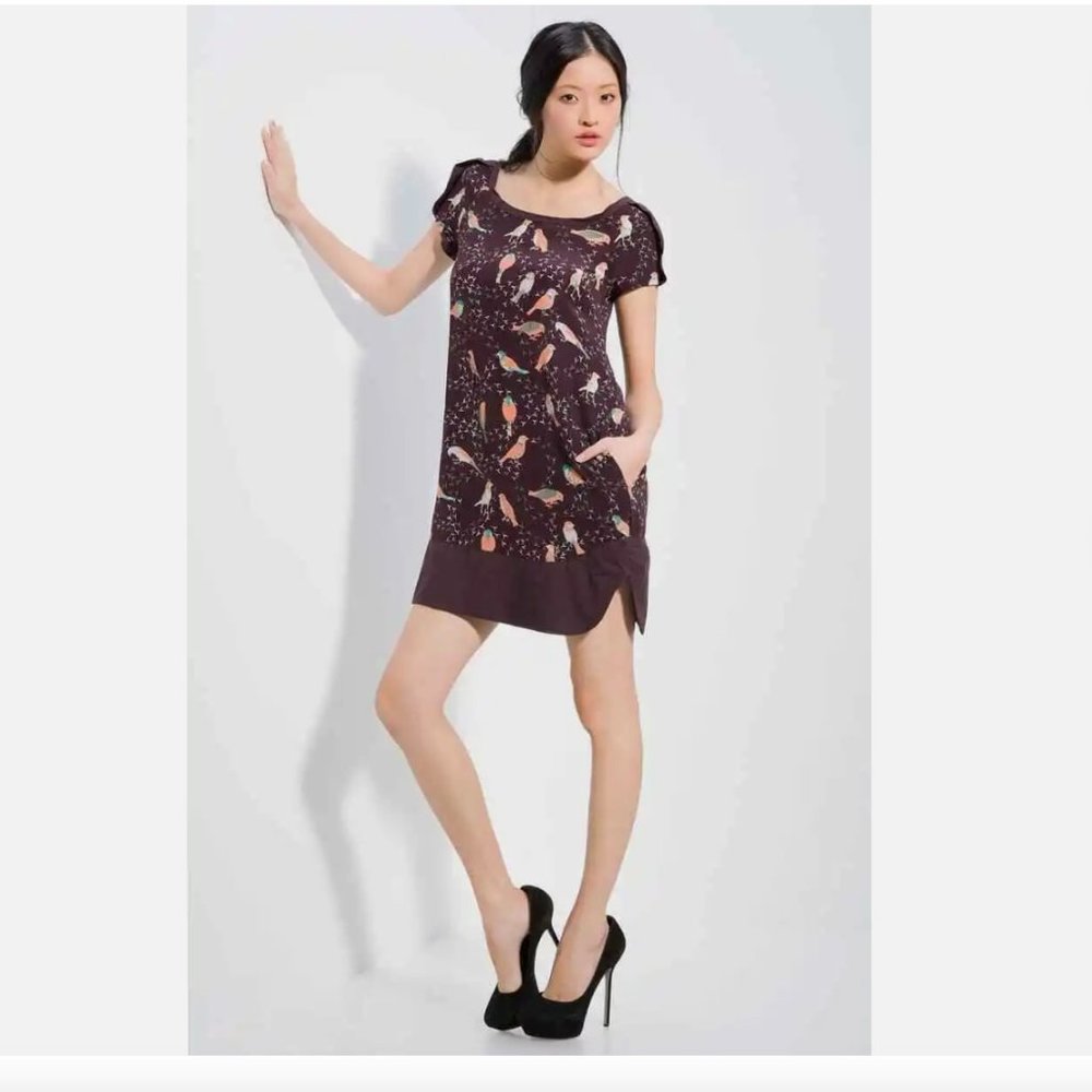 See By Chloe Eggplant Silk Mini-Dress W/ Birds + Pockets Sz 2